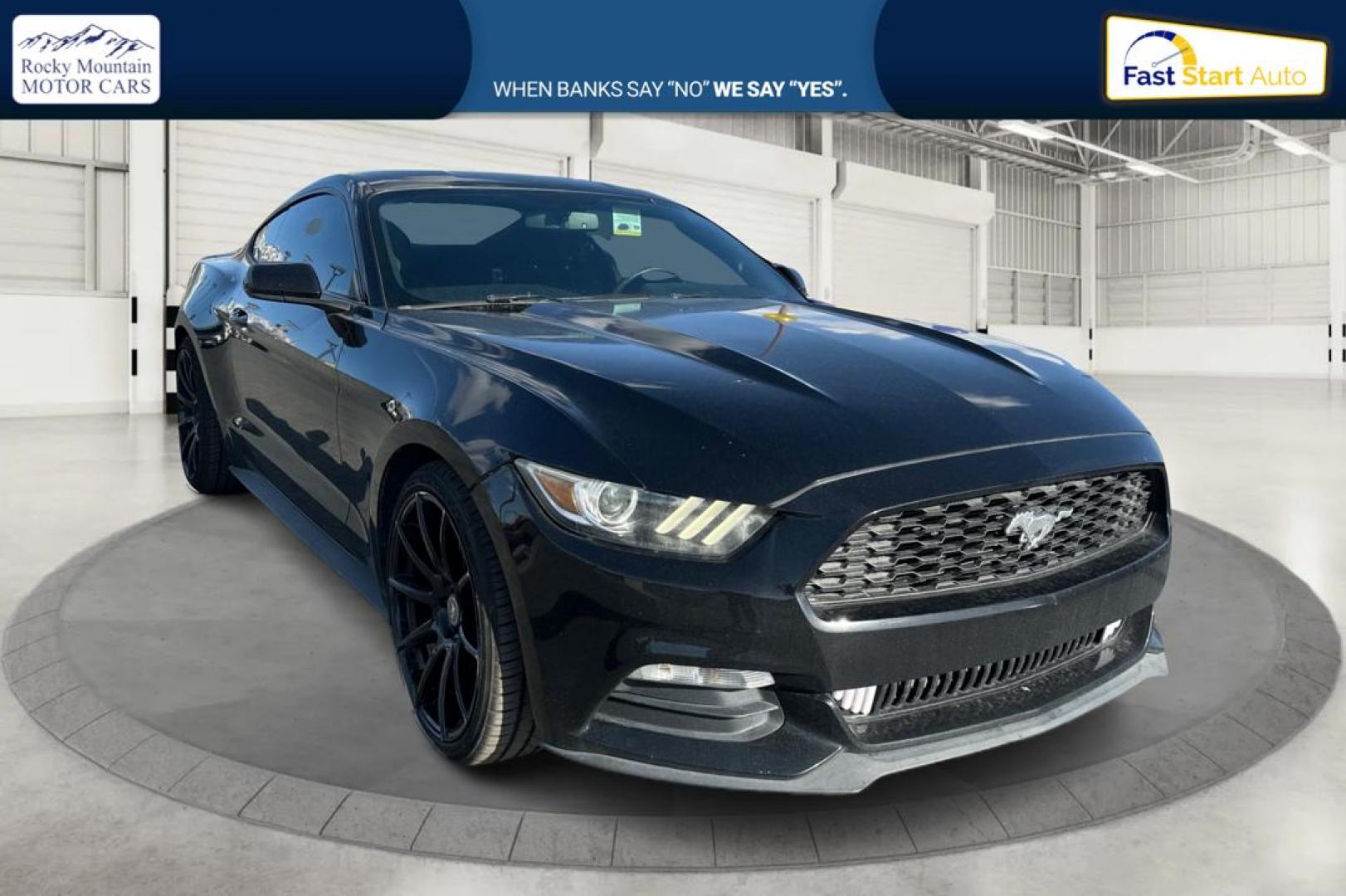 2015 Black Ford Mustang V6 Coupe (1FA6P8AM7F5) with an 3.7L V6 DOHC 24V engine, Auto, 6-Spd SelectShift transmission, located at 767 S State Road, Pleasant Grove, UT, 84062, (801) 785-1058, 40.354839, -111.736687 - Photo#0