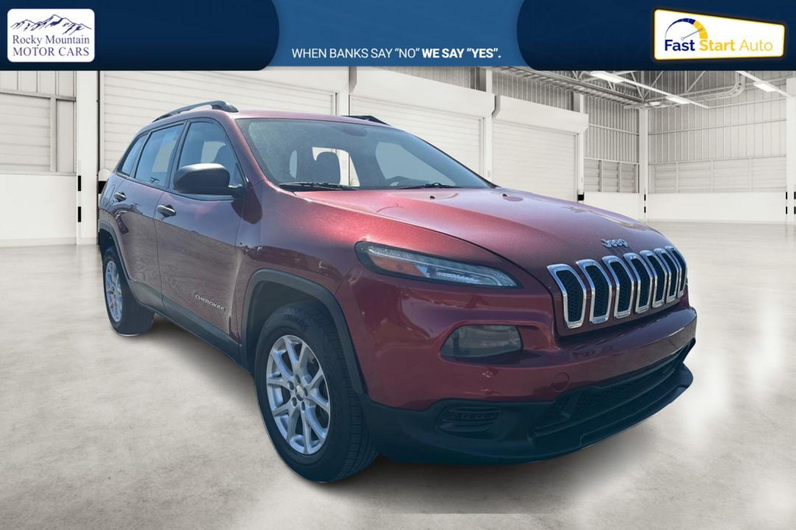 2015 Red Jeep Cherokee Sport FWD (1C4PJLAB8FW) with an 2.4L L4 DOHC 16V engine, 9-Speed Automatic transmission, located at 7755 State Street, Midvale, UT, 84047, (801) 753-9063, 40.610329, -111.890656 - Photo#0