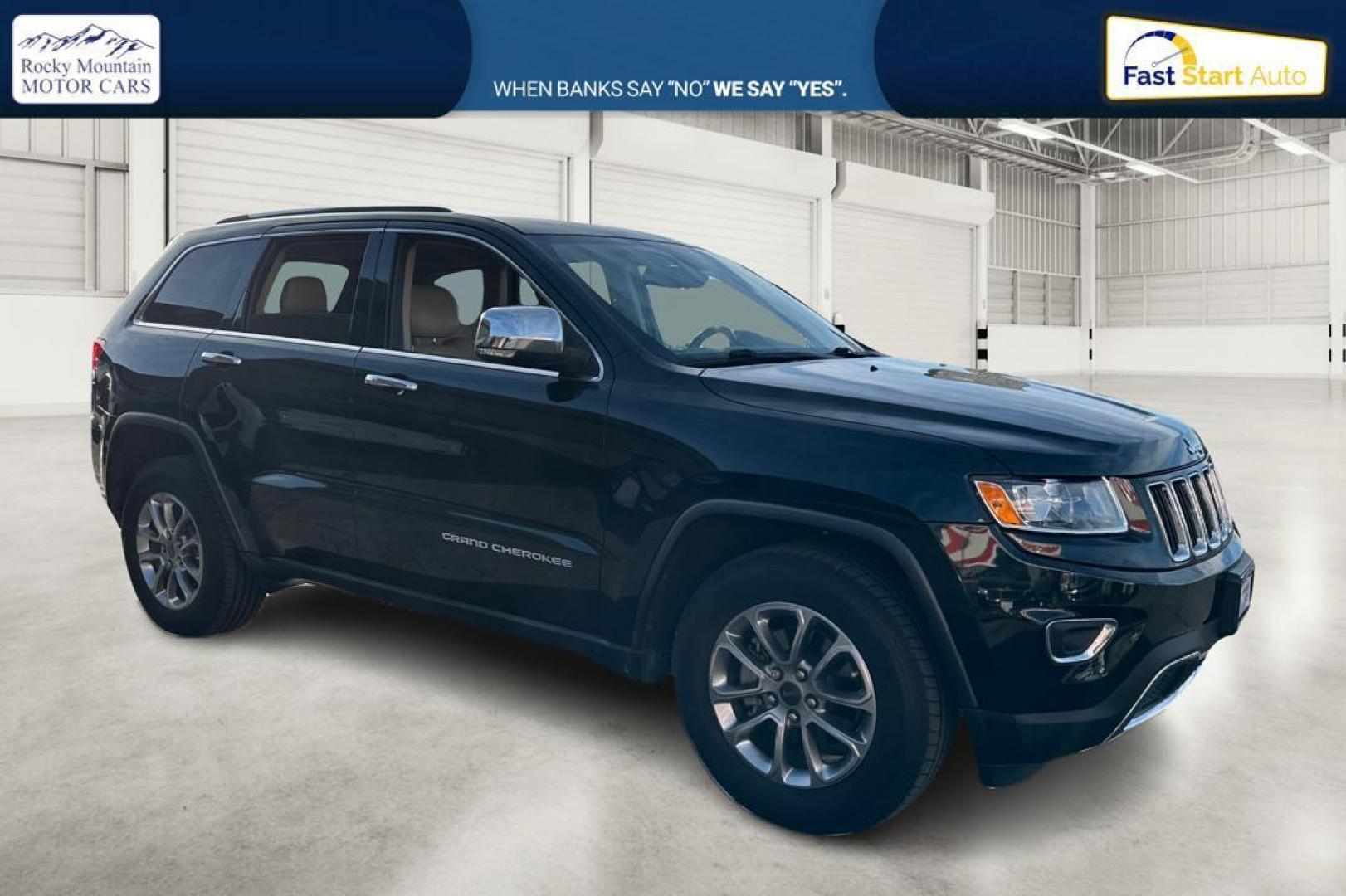 2015 Black Jeep Grand Cherokee Limited 2WD (1C4RJEBGXFC) with an 3.6L V6 DOHC 24V engine, 8-Speed Automatic transmission, located at 7755 State Street, Midvale, UT, 84047, (801) 753-9063, 40.610329, -111.890656 - Photo#0