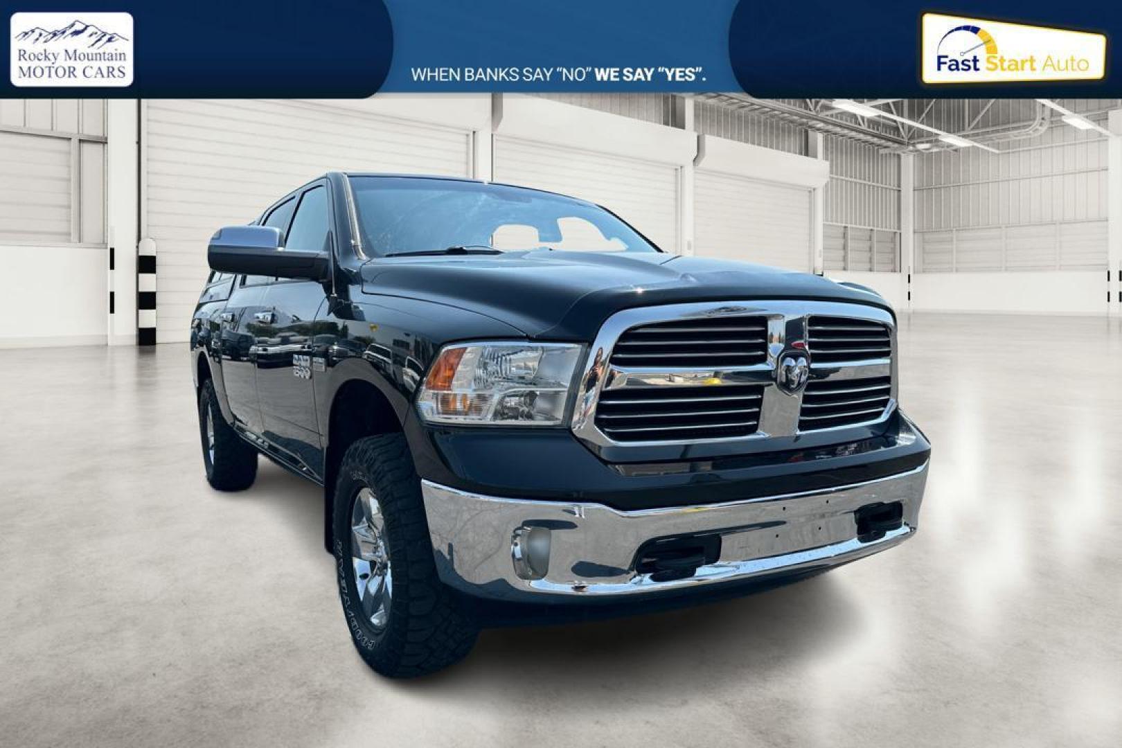 2015 Black RAM 1500 SLT Crew Cab SWB 4WD (1C6RR7LT3FS) with an 5.7L V8 OHV 16V engine, 6-Speed Automatic transmission, located at 7755 State Street, Midvale, UT, 84047, (801) 753-9063, 40.610329, -111.890656 - Photo#0